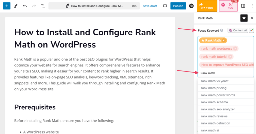 Rank Math keyword optimization