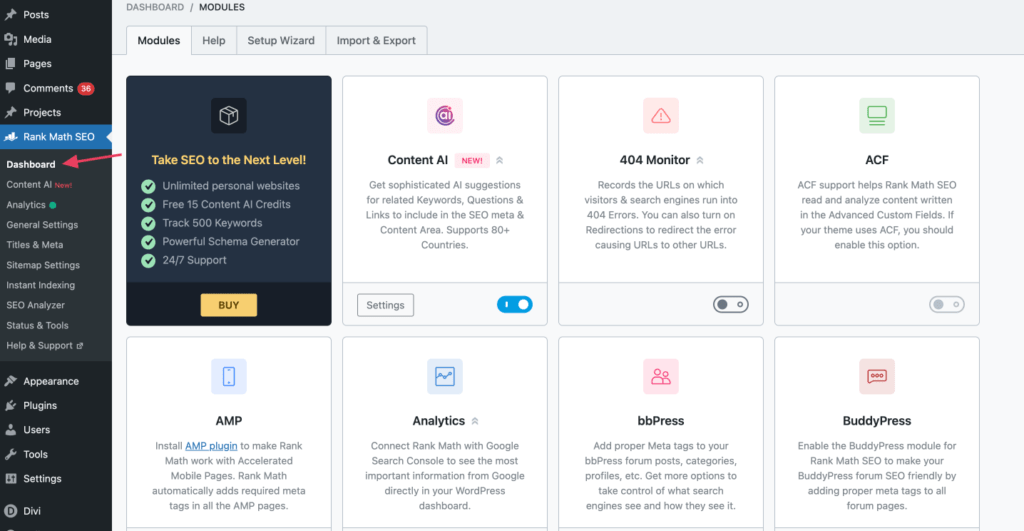 Rank Math dashboard