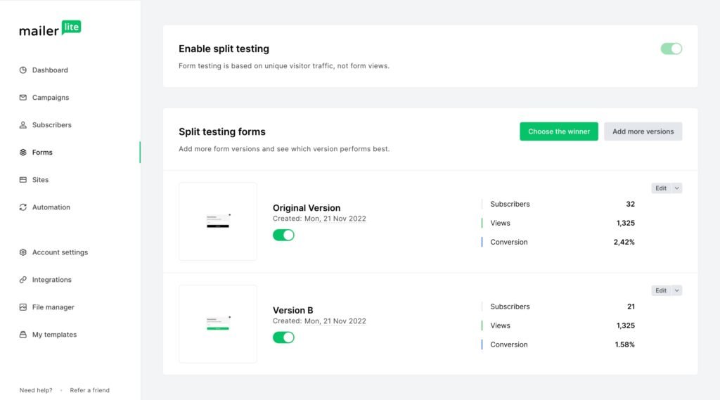 MailerLite a/b testing